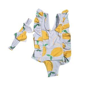 NWOT | Baby Girl Citrus Lemon Print Swimsuit & Matching Headband Set | Yellow &